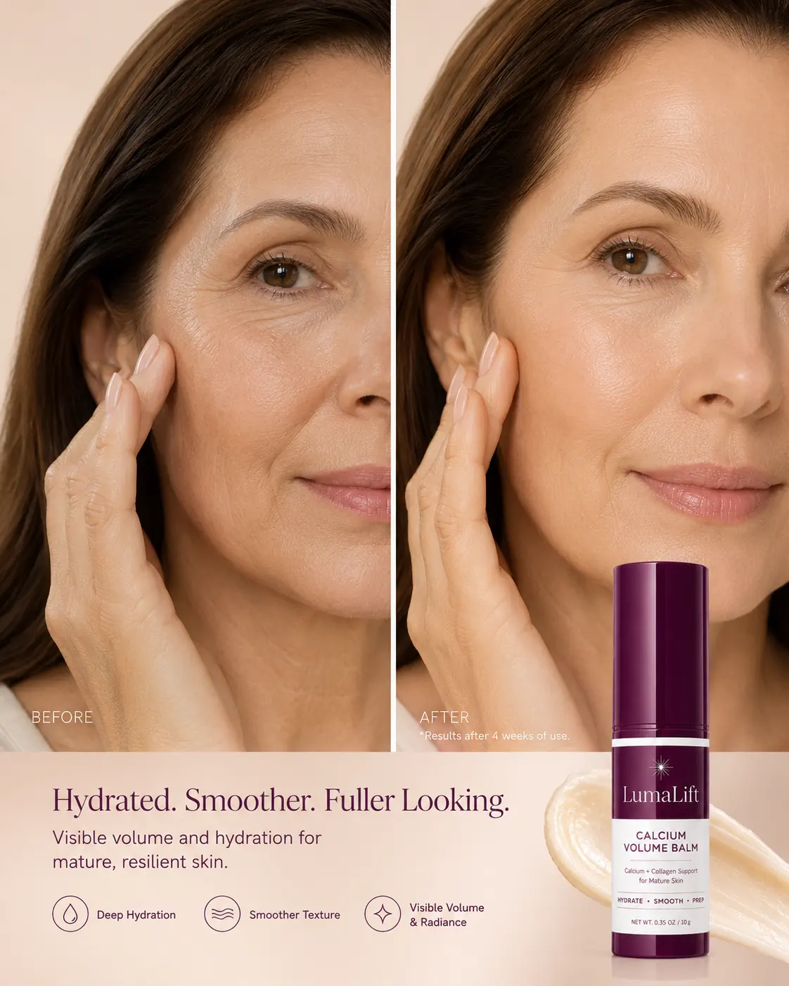 Before and after skincare result style image for LumaLift balm
