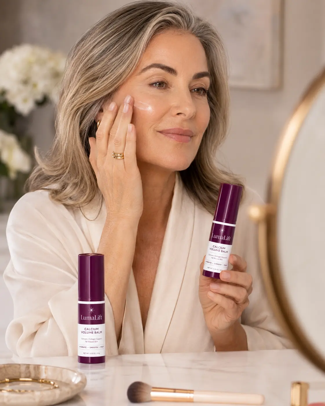 Lifestyle image showing a calm skincare routine with LumaLift balm
