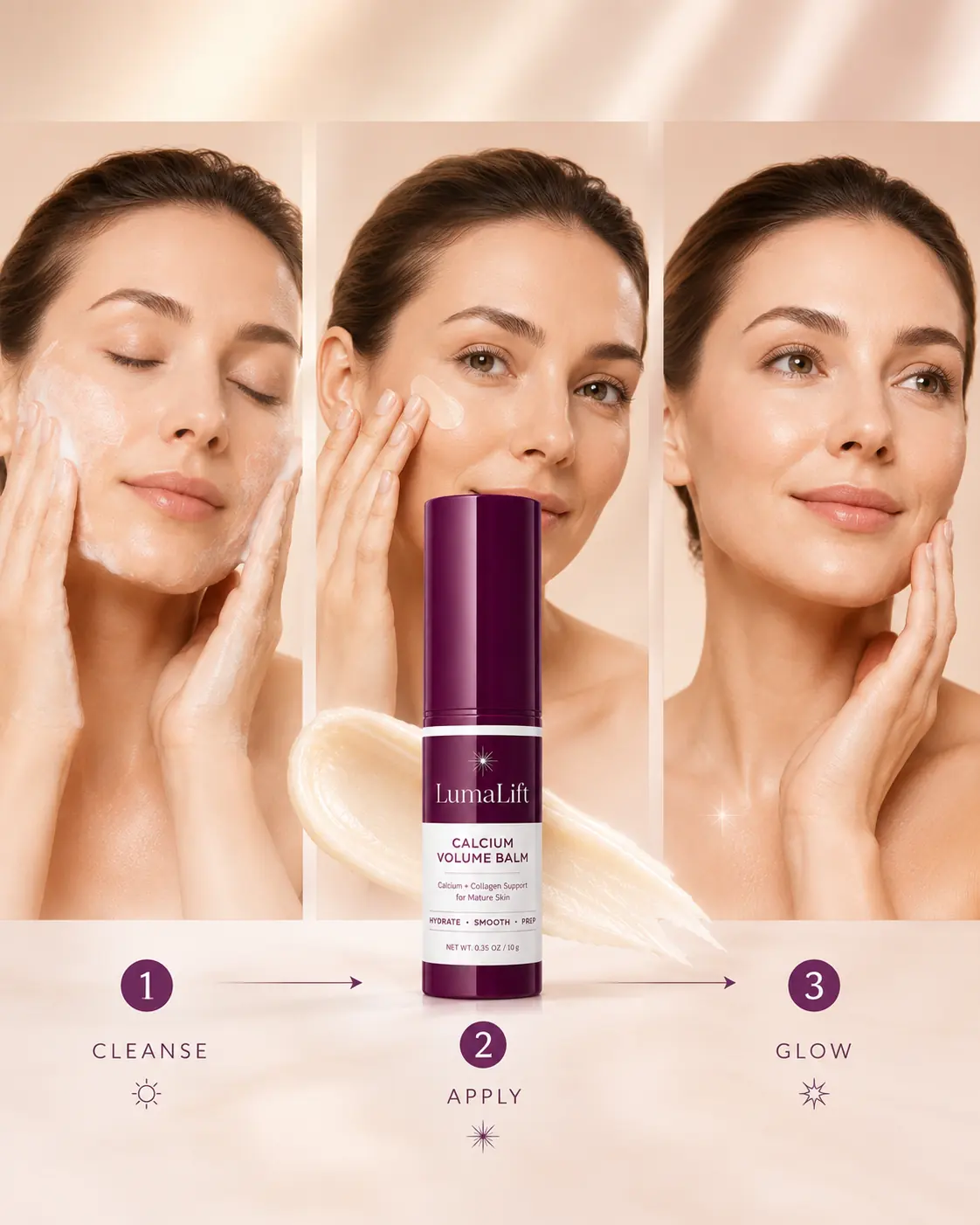 Three-step skincare routine infographic for LumaLift balm
